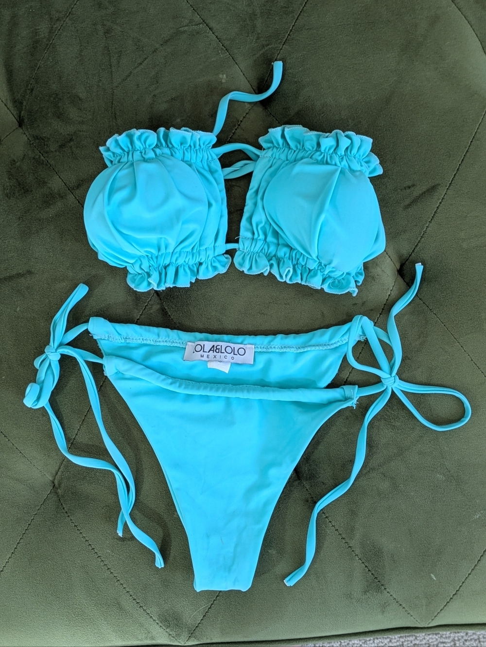 Ruched Bikini Swimsuit Neon Blue Beach Vacation Mexican Ruffle Top Size Small